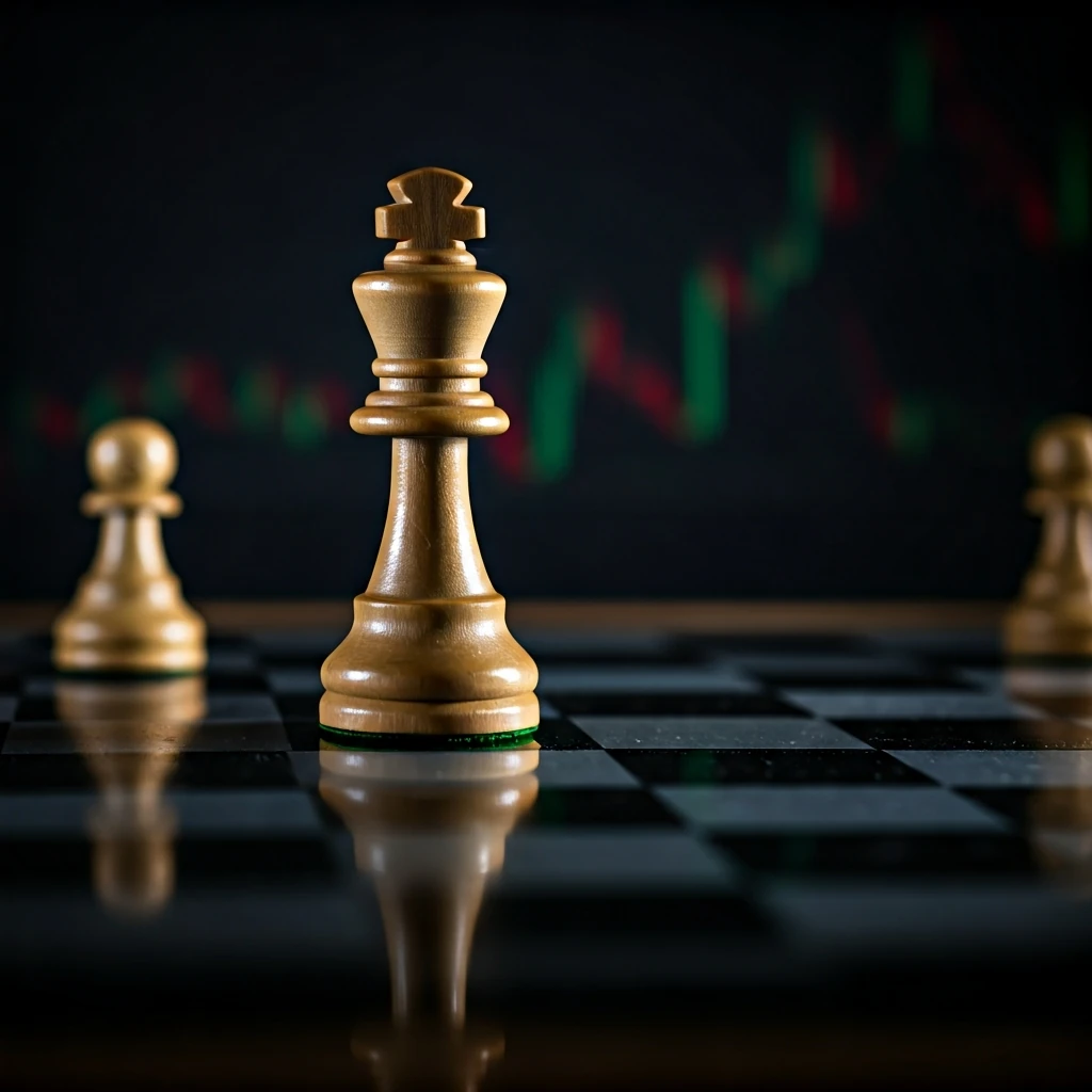 Uma peça de xadrez de rei em um tabuleiro, com reflexos sutis de gráficos financeiros, representando as transferências de jogadores e suas repercussões no futebol.
