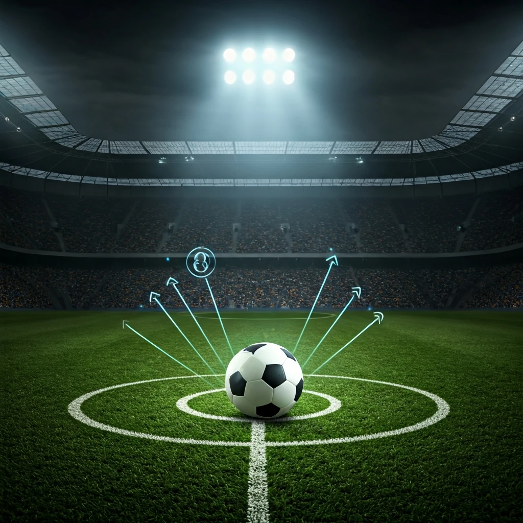 Um campo de futebol profissional à noite com uma projeção holográfica de táticas, simbolizando a evolução estratégica do esporte.