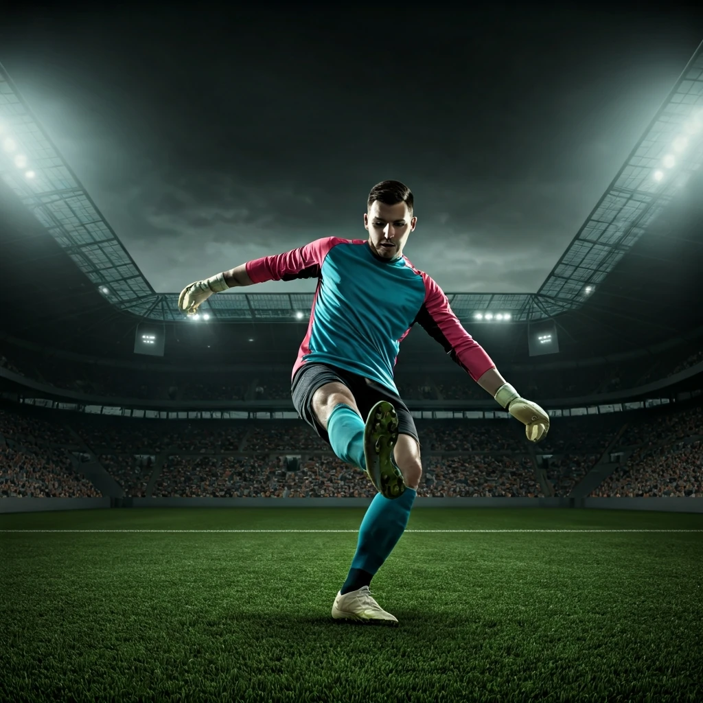 Um goleiro de futebol moderno em ação, chutando a bola com precisão de dentro da área, destacando seu papel como iniciador de jogadas.