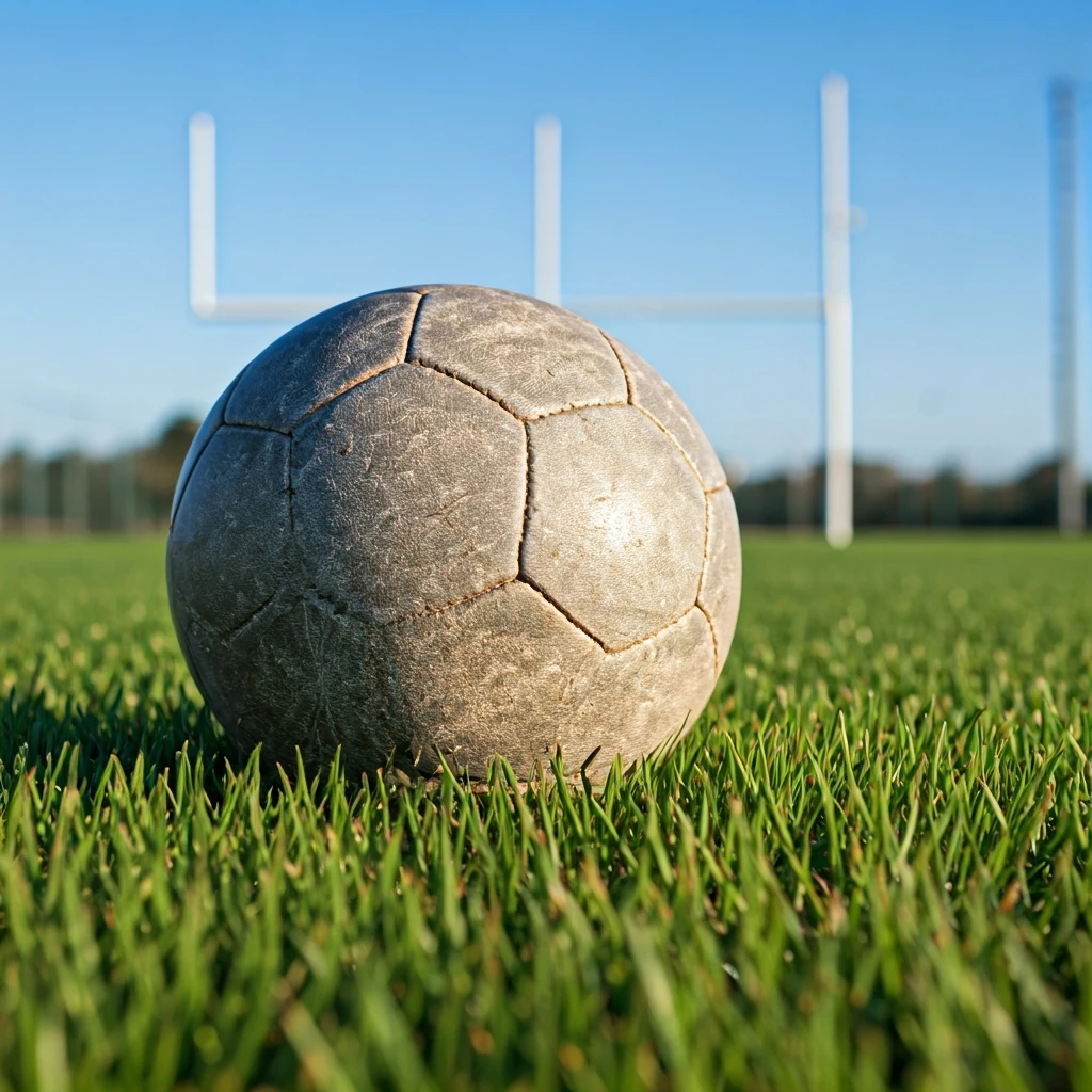Uma bola de futebol de couro gasta em um campo de grama verde sob a luz do sol, simbolizando o ponto de partida para um jogador amador.