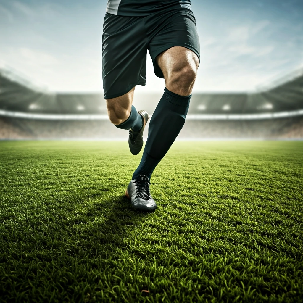 Pernas de jogador de futebol em campo, simbolizando resistência aeróbica e anaeróbica durante a partida.