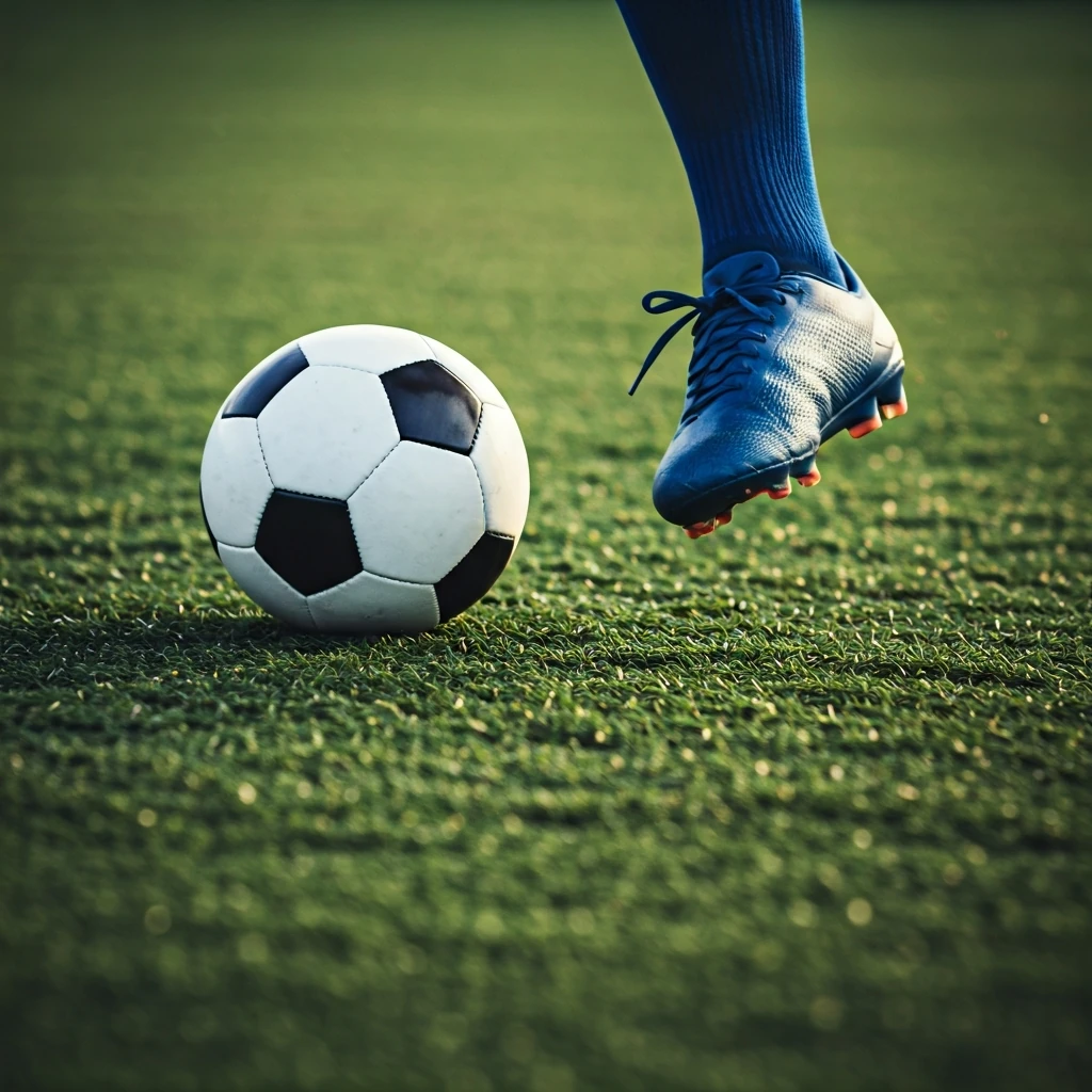 Pé de jogador de futebol em contato firme com a bola, demonstrando a postura correta para o chute.