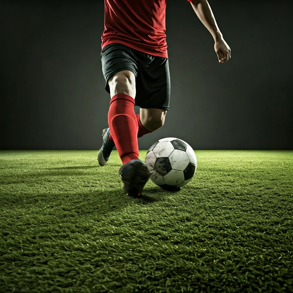 Jogador de futebol profissional finalizando com o peito do pé, demonstrando posicionamento corporal e contato preciso com a bola.