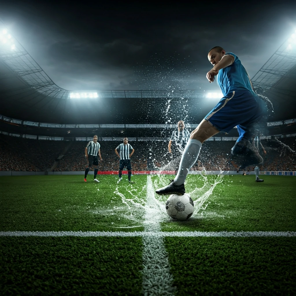 Campo de futebol iluminado à noite com um jogador chutando a bola, salpicando água, simbolizando a velocidade e intensidade do futebol moderno.