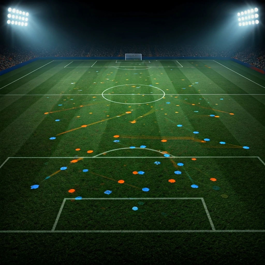 Um campo de futebol visto de cima com projeções de linhas táticas complexas e setas iluminadas no gramado, representando a evolução tática no futebol moderno.