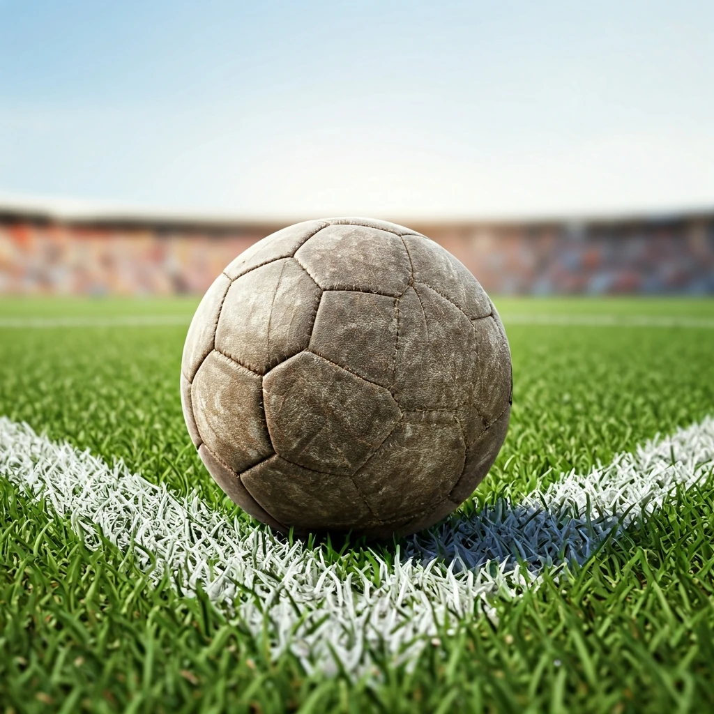 Uma bola de futebol de couro vintage em um campo gramado, simbolizando as origens e a resiliência do futebol feminino.