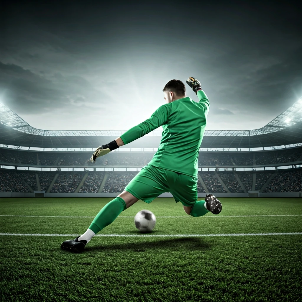 Um goleiro de futebol chuta a bola com força para frente, demonstrando seu papel na construção de jogadas.
