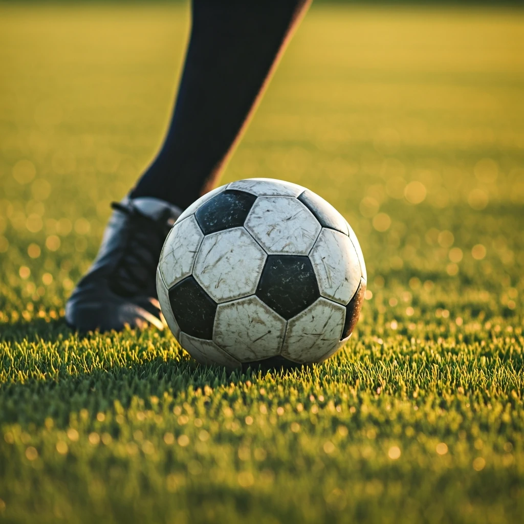 Close-up of a soccer player's foot making precise contact with a deflated soccer ball on a green field, illustrating fundamental ball control.