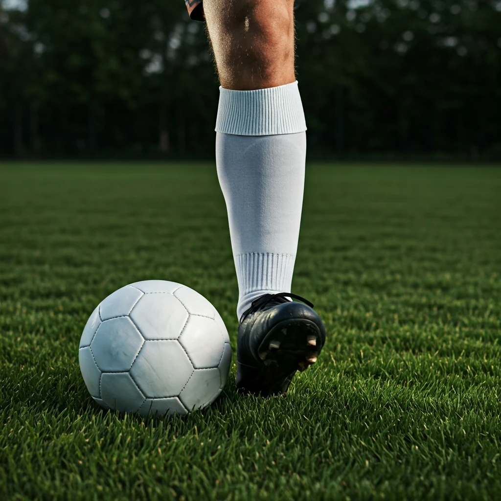 Perna de apoio de um jogador de futebol plantada ao lado da bola, demonstrando postura correta para um chute potente.