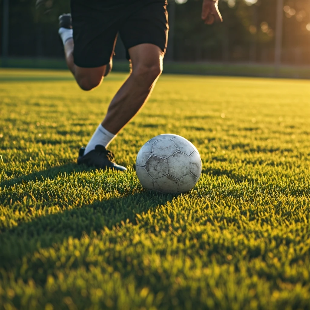 Jogador de futebol executando um passe preciso com a parte interna do pé em um campo gramado ao pôr do sol.
