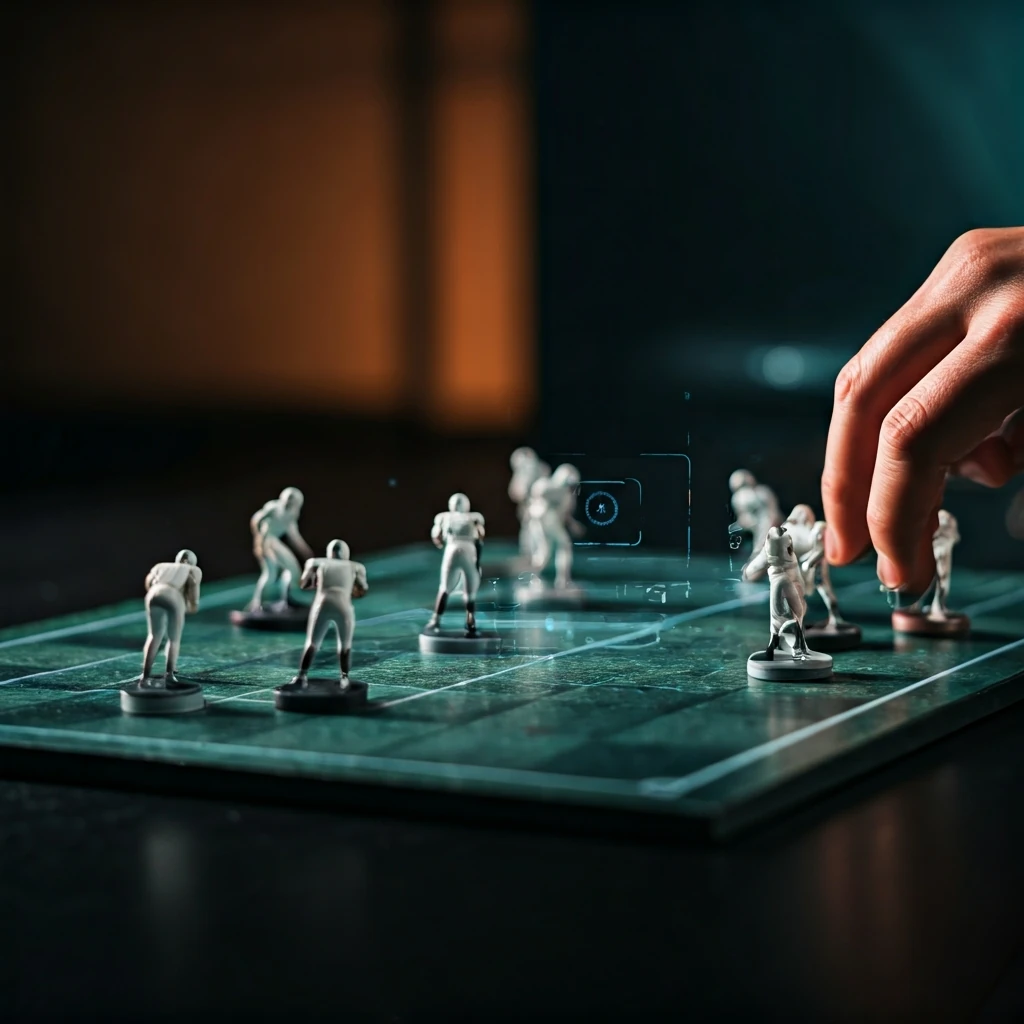 Mesa tática de futebol com miniaturas de jogadores e projeções digitais de movimentos, ilustrando a análise tática avançada no futebol profissional.