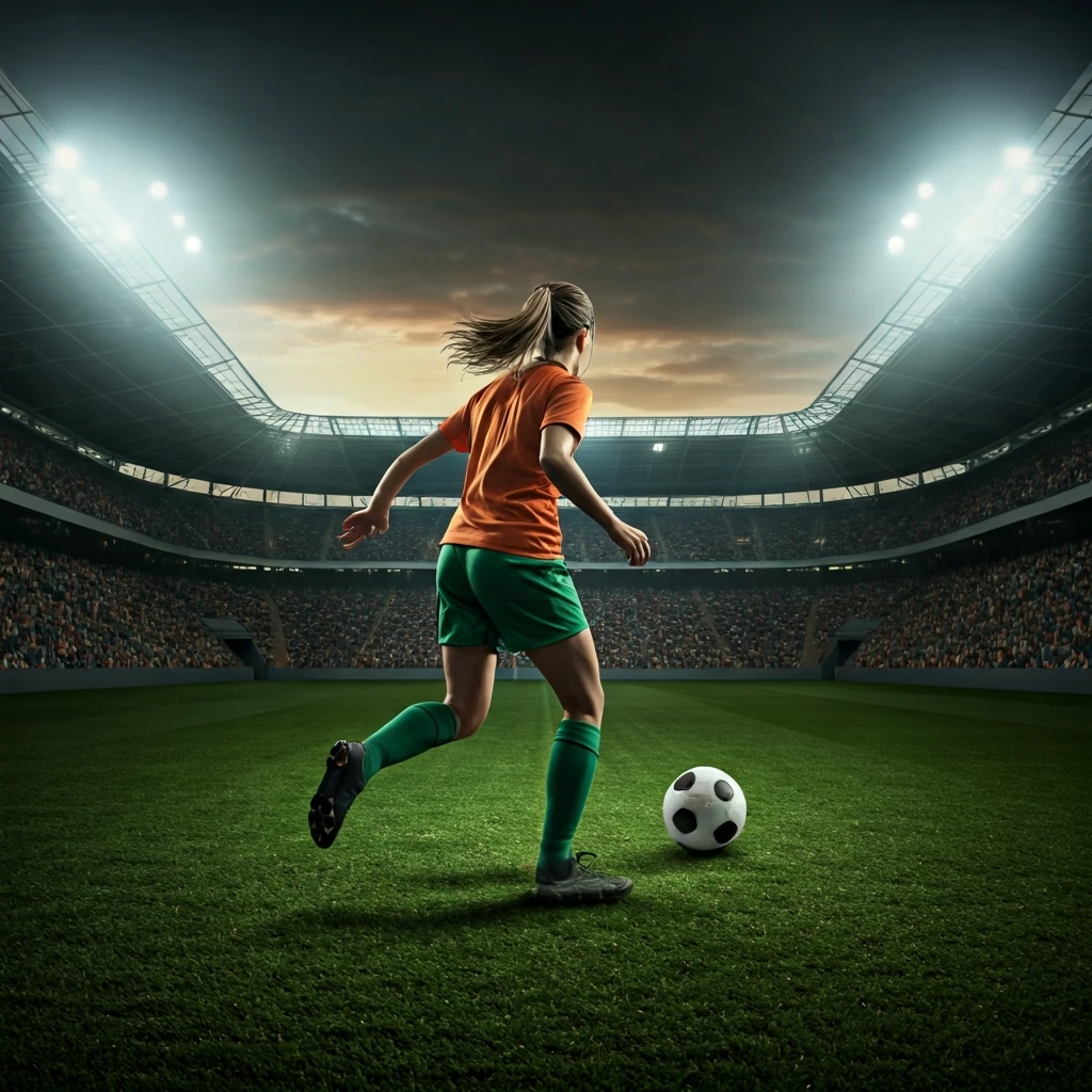 Estádio de futebol lotado ao anoitecer, com uma jogadora em campo, simbolizando o crescimento do futebol feminino.
