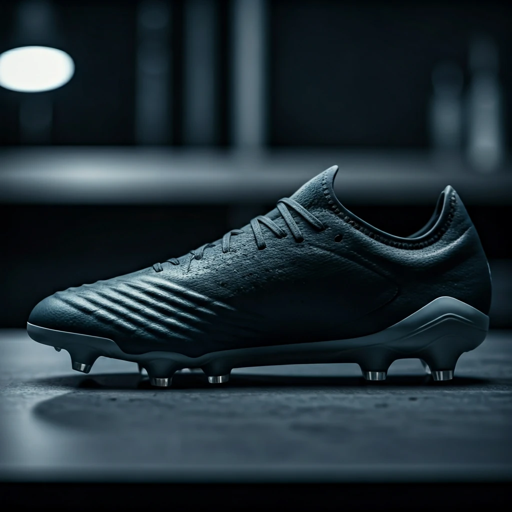 Chuteira de futebol moderna em uma bancada, exibindo a engenharia do solado e o material sintético ultraleve