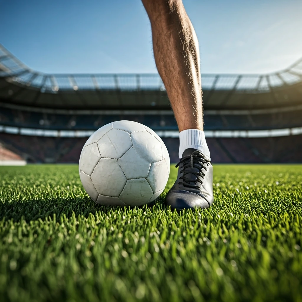 Pé de apoio de um jogador de futebol plantado firmemente ao lado da bola antes de um chute, em um campo verde vibrante.