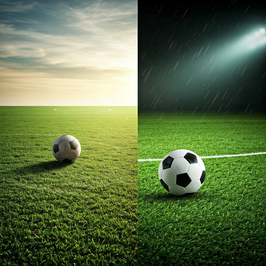 Comparação visual entre um vasto campo de futebol de campo de grama natural e um campo compacto de futebol society de grama sintética, destacando as diferenças de ambiente e iluminação.
