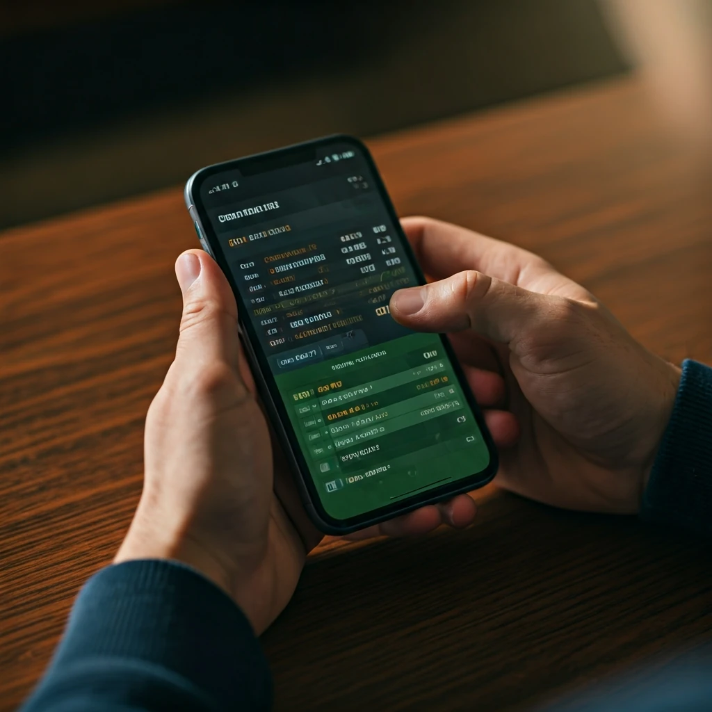 Mãos segurando um smartphone com aplicativo de apostas de futebol, mostrando odds e mercados de apostas de uma partida ao vivo