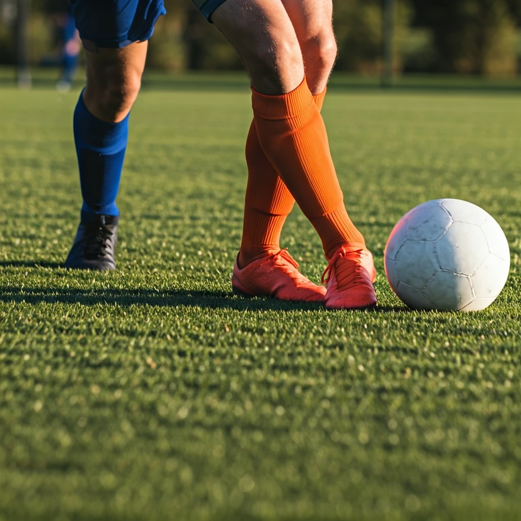 Pés de jogador de futebol com chuteiras laranjas driblando uma bola branca em um campo verde, com um defensor em segundo plano, ilustrando a quebra de defesa.