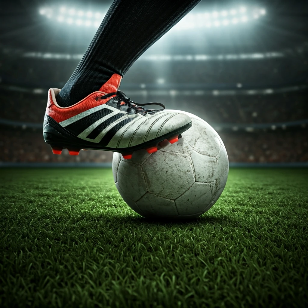 Close-up de uma bola de futebol sendo driblada por um jogador em campo, com um estádio borrado ao fundo