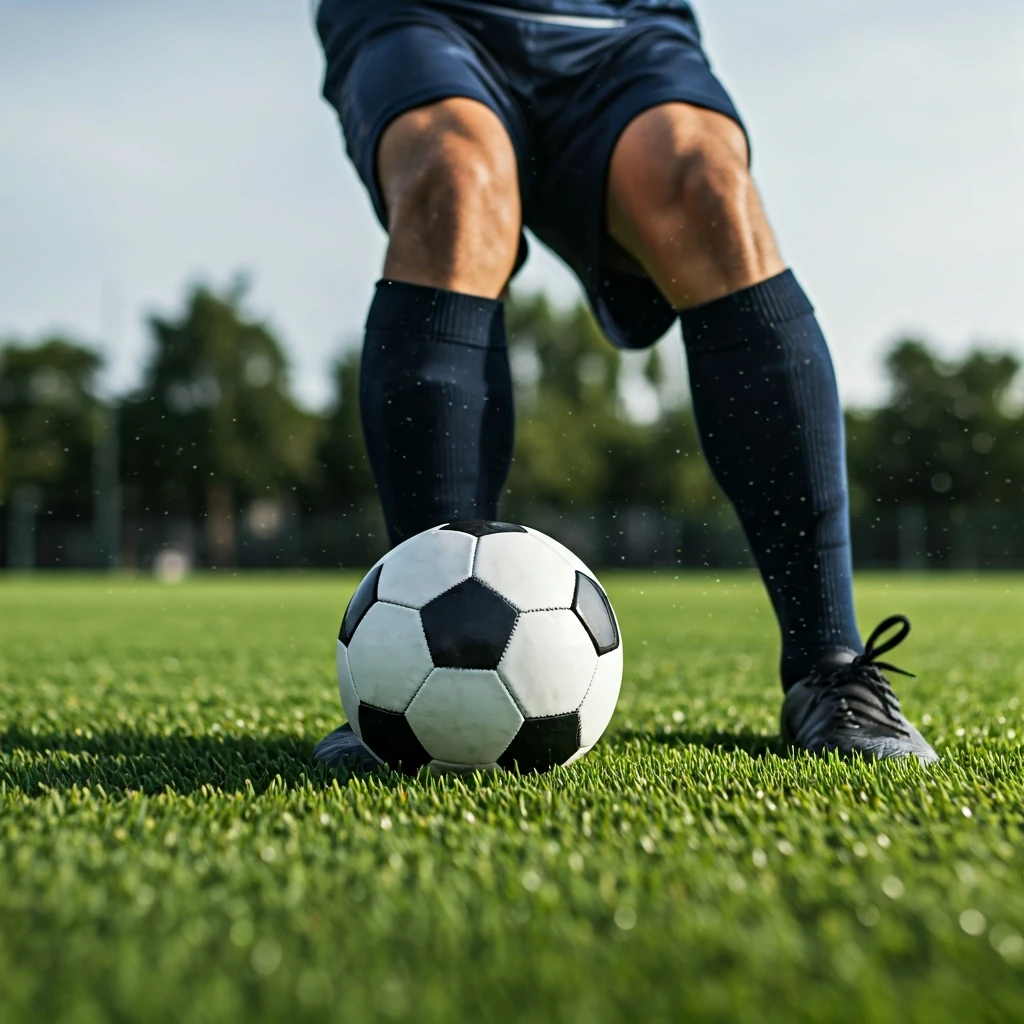 Pernas de jogador de futebol focado, chutando a bola em campo verde, simbolizando a força e preparo físico essencial no esporte.
