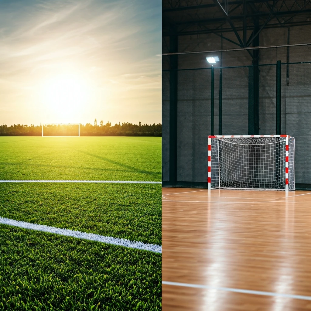 Split image comparing a wide, green outdoor football field with a compact, polished indoor futsal court, highlighting their distinct playing environments.