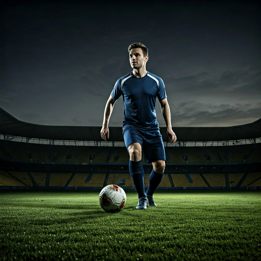 Um volante de futebol moderno em um campo de gramado profissional, com foco intenso, controlando a bola e olhando para frente, simbolizando a evolução da posição de marcador para maestro do jogo.