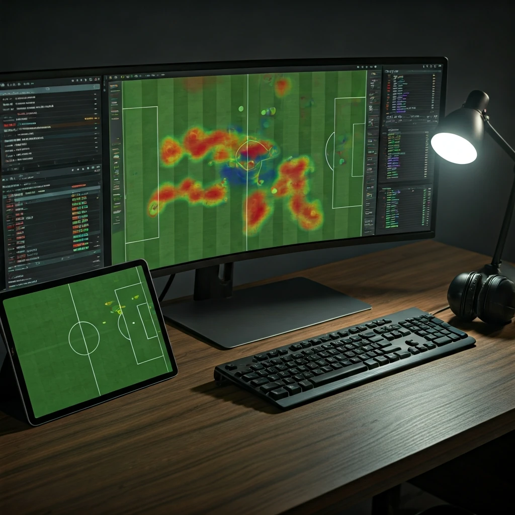 Mesa de um analista de futebol com monitor exibindo táticas e um tablet com vídeo de jogo.