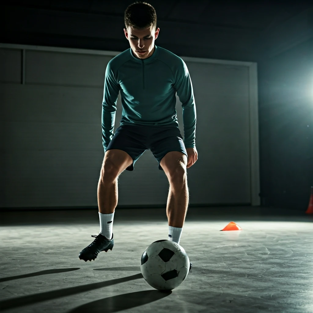 Jovem jogador de futebol treinando controle de bola em uma garagem, enfatizando a importância do treino individual em casa.