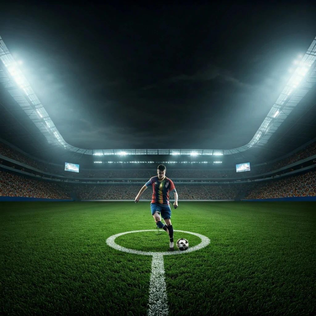 Um jogador de futebol em um estádio europeu moderno e lotado, prestes a chutar a bola sob holofotes intensos.