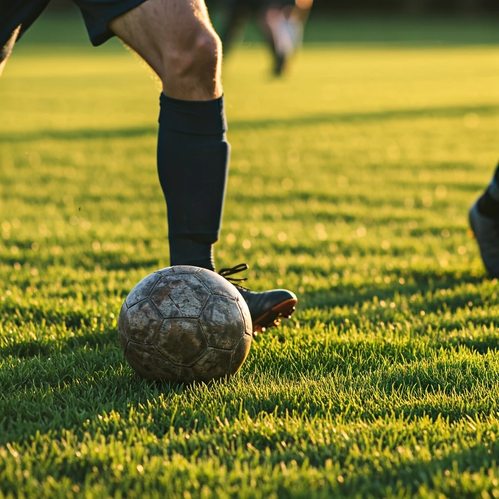 Pernas de jogador de futebol driblando uma bola de couro em campo gramado durante o pôr do sol, com um defensor desfocado ao fundo, simbolizando a quebra da defesa.