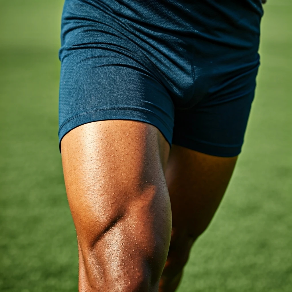 Close-up da coxa e músculos isquiotibiais de um jogador de futebol masculino durante um sprint em campo verde, destacando a tensão muscular e o esforço físico.