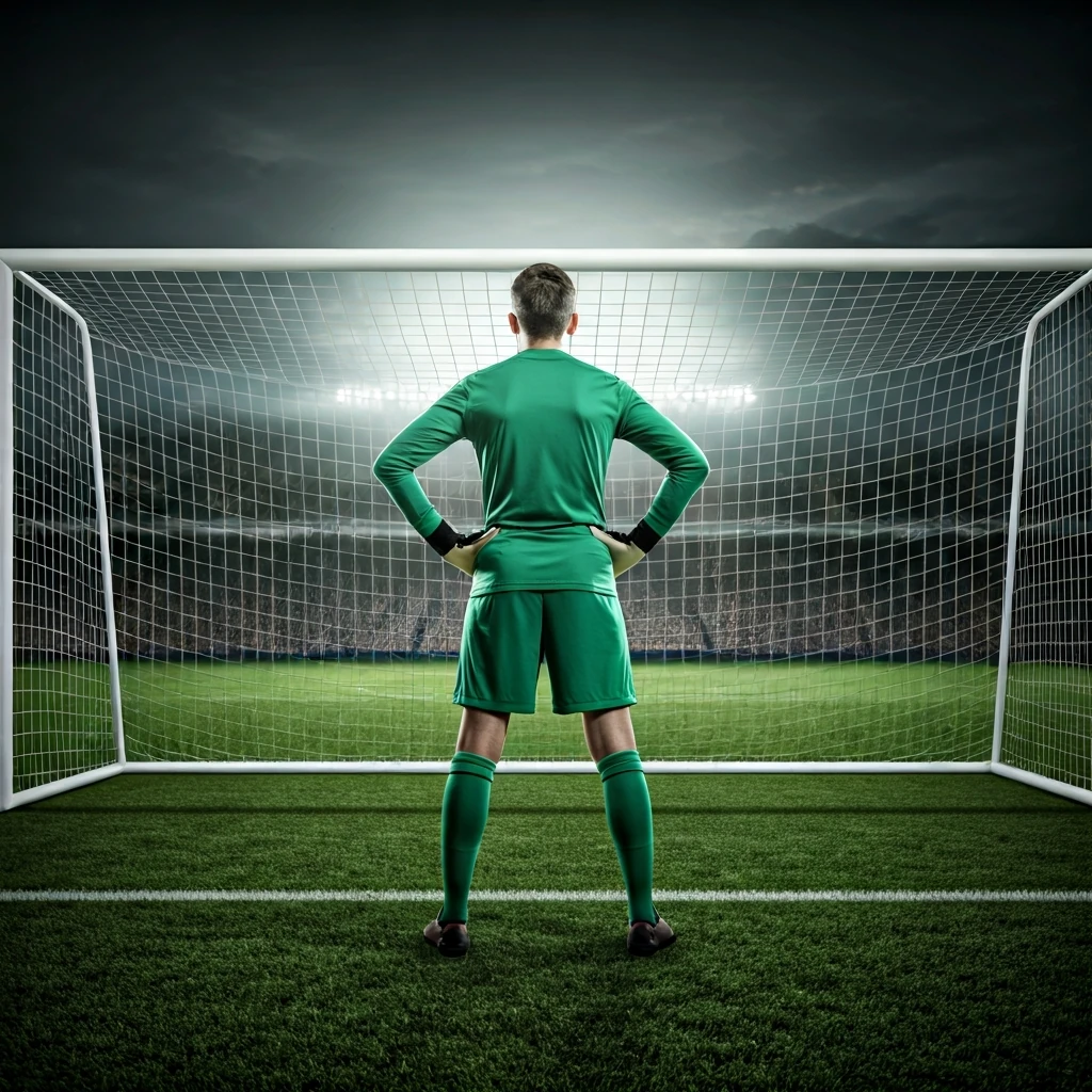 Jovem goleiro de costas dentro do gol, com uniforme verde, observando o campo de futebol ao pôr do sol, transmitindo liderança e foco.