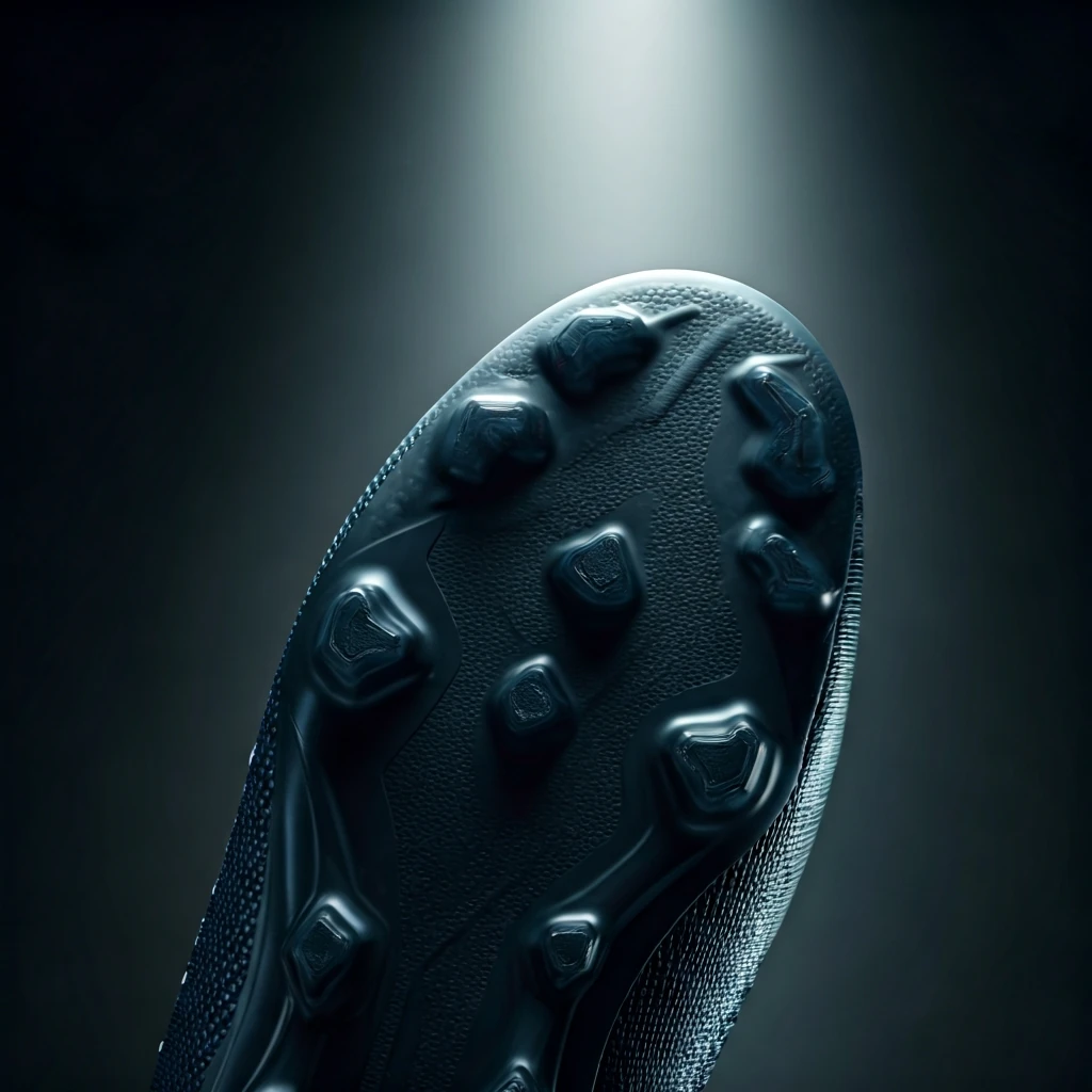 Close-up da sola de uma chuteira moderna, com travas híbridas e material sintético texturizado, destacando a tecnologia de tração.