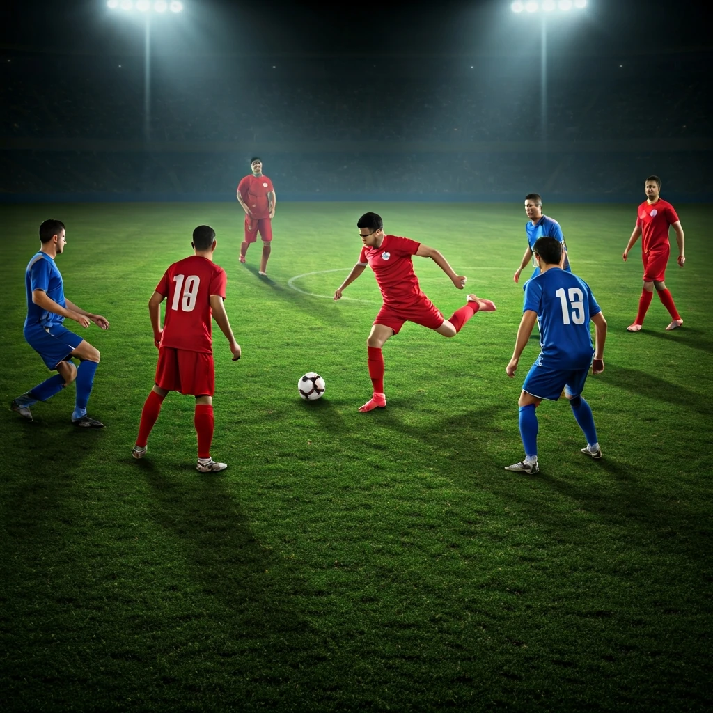 Visão aérea de um meio-campo de futebol durante um jogo noturno, com jogadores em camisas vermelhas e azuis disputando a posse da bola, ilustrando a intensidade tática da partida.