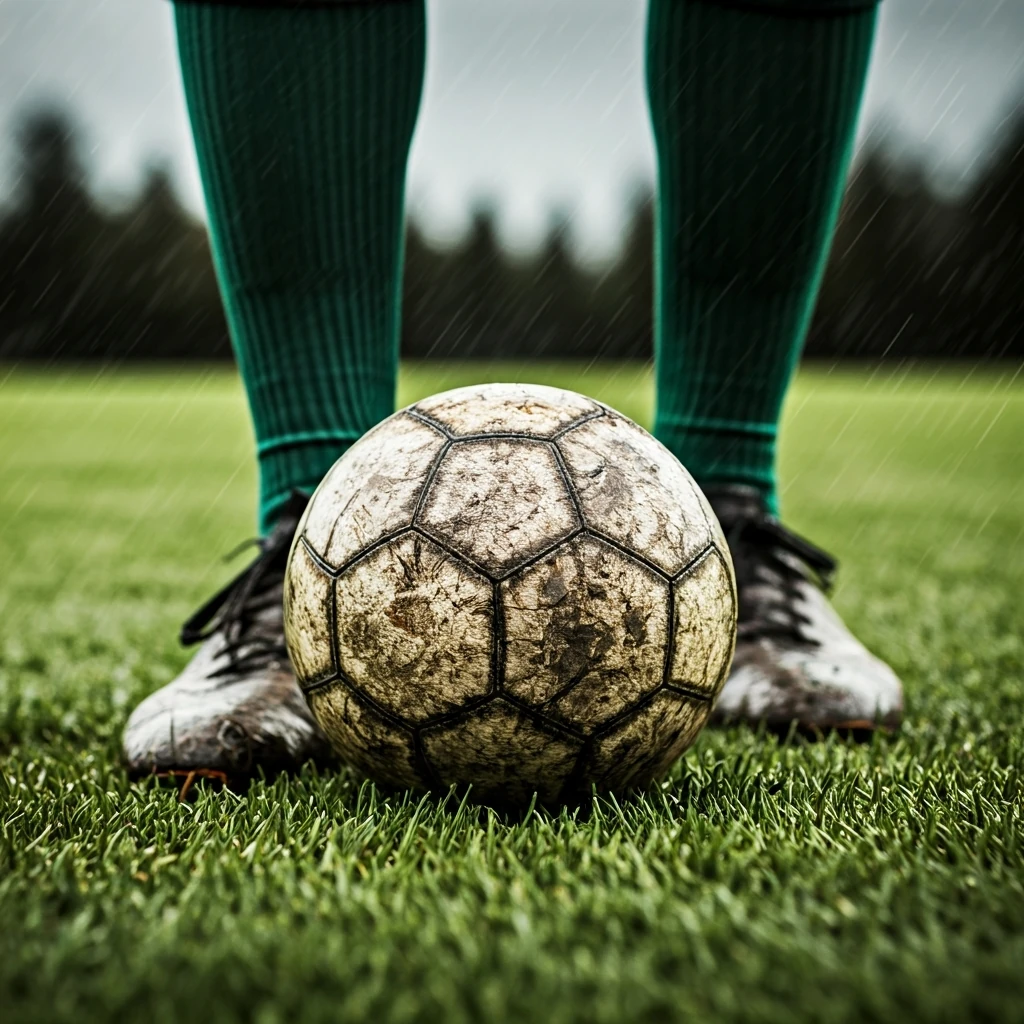 Chuteiras enlameadas de um jogador de futebol sobre uma bola em campo molhado, simbolizando a importância de corrigir erros para o desenvolvimento no futebol.