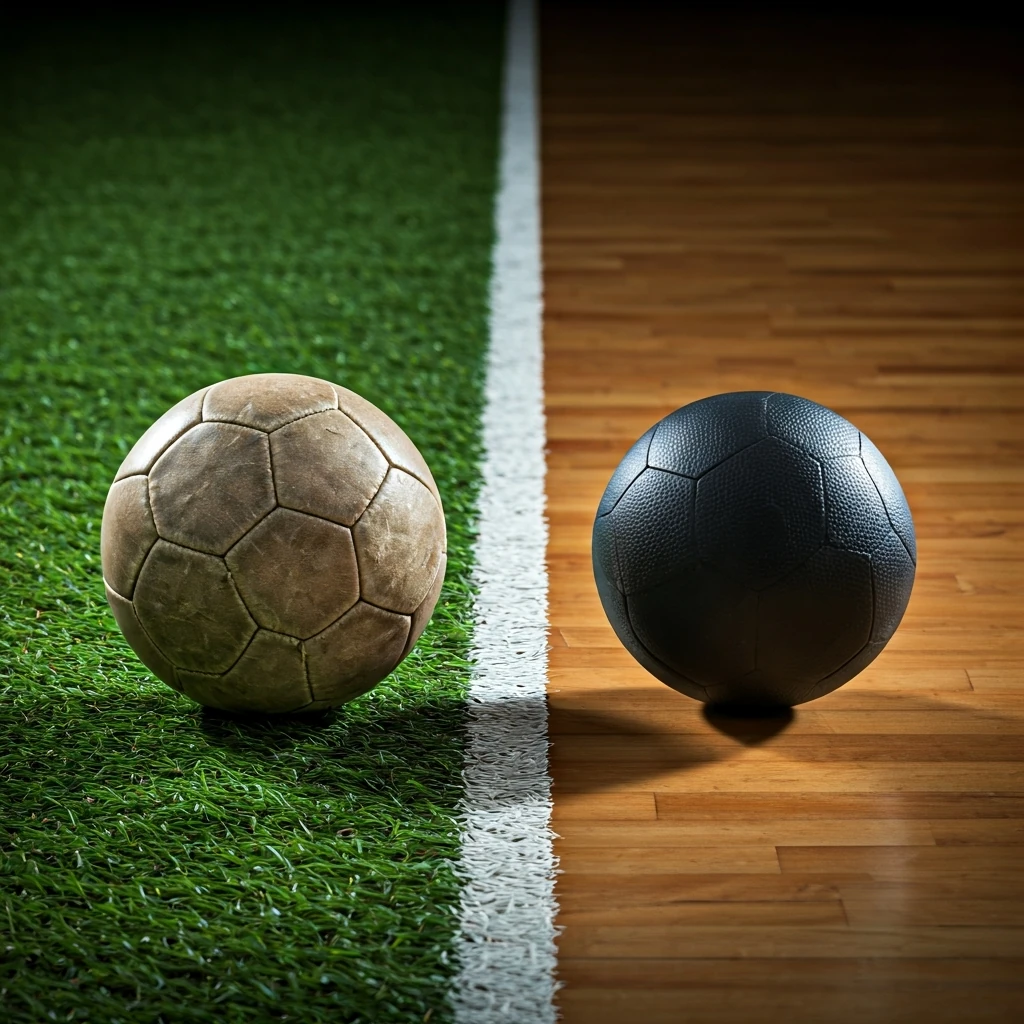 Uma bola de futebol de campo em grama verde e uma bola de futsal em quadra de madeira, separadas por uma linha de luz, representando o contraste entre os dois esportes.