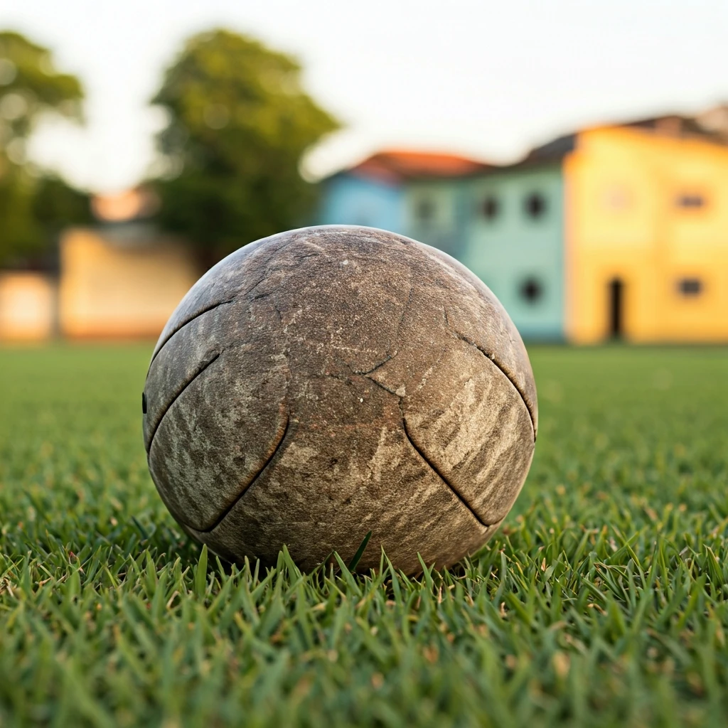 A worn leather football on a green grass várzea pitch, with colorful houses in the background under golden hour light.