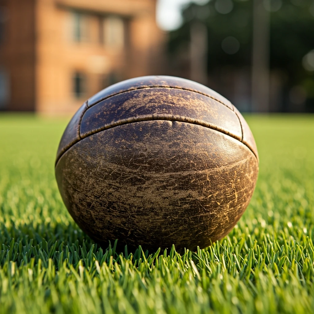 Uma antiga bola de futebol de couro do século XIX em um campo de grama verde, simbolizando a introdução do esporte no Brasil.