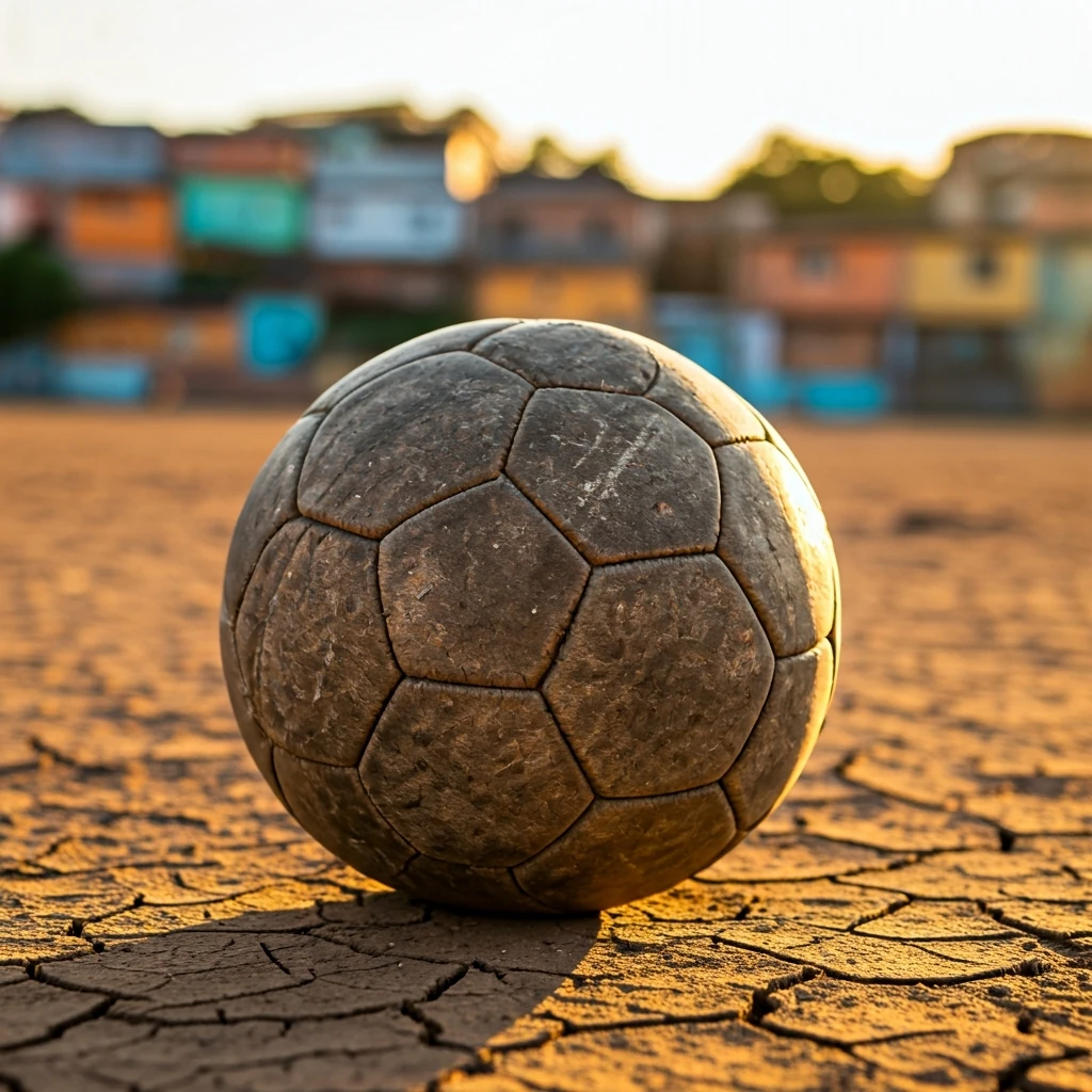 Uma bola de futebol de couro gasta em um campo de várzea brasileiro, simbolizando a apropriação popular do esporte.