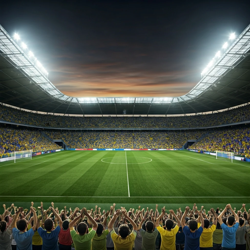 Um estádio de futebol brasileiro lotado ao pôr do sol, com torcedores vibrantes e luzes acesas, capturando a paixão nacional.