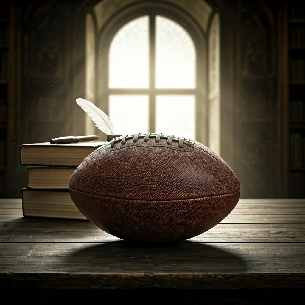 A vintage leather football on a wooden table with old books, symbolizing the origins of modern football rules in England.