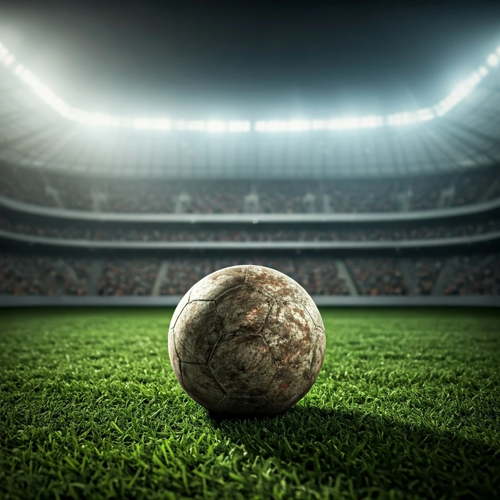 Uma bola de futebol deitada em um campo de grama verde, com luz dourada do amanhecer, simbolizando uma transferência inesperada no futebol.