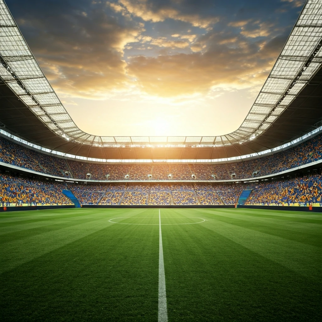 Multidão apaixonada de torcedores brasileiros em um estádio de futebol ao pôr do sol, celebrando com bandeiras e camisas de time.