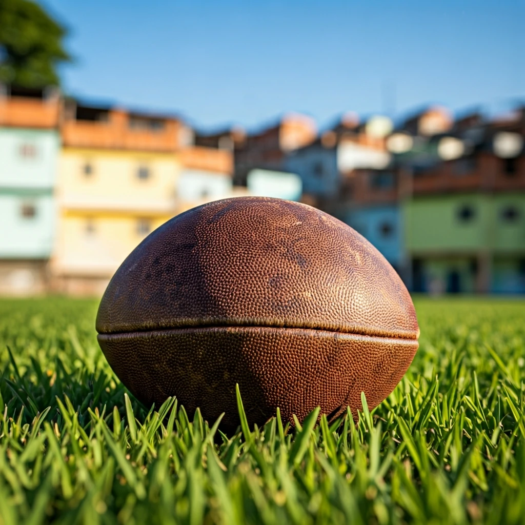 Close-up of a vintage leather football on grass in a Brazilian favela field under golden hour light, symbolizing national identity.