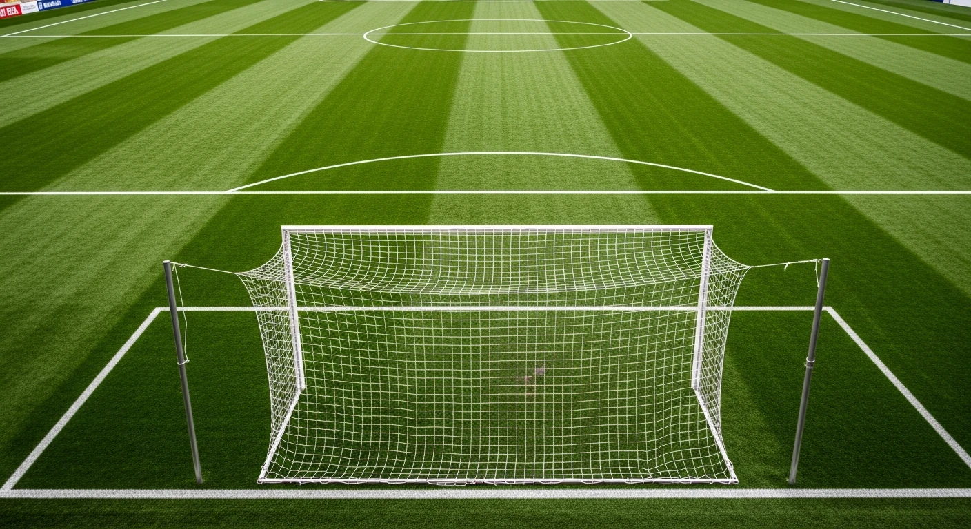 Um campo de futebol profissional com linhas brancas nítidas, incluindo o círculo central e as áreas de pênalti, sob luz natural difusa.