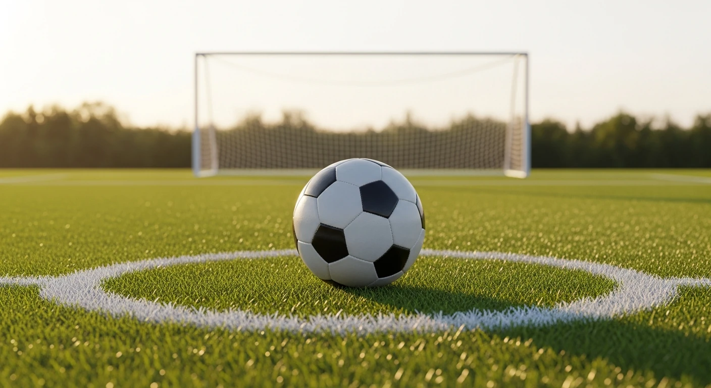 Uma bola de futebol no gramado verde no centro de um campo de futebol, com o gol desfocado ao fundo, sob a luz dourada do pôr do sol.