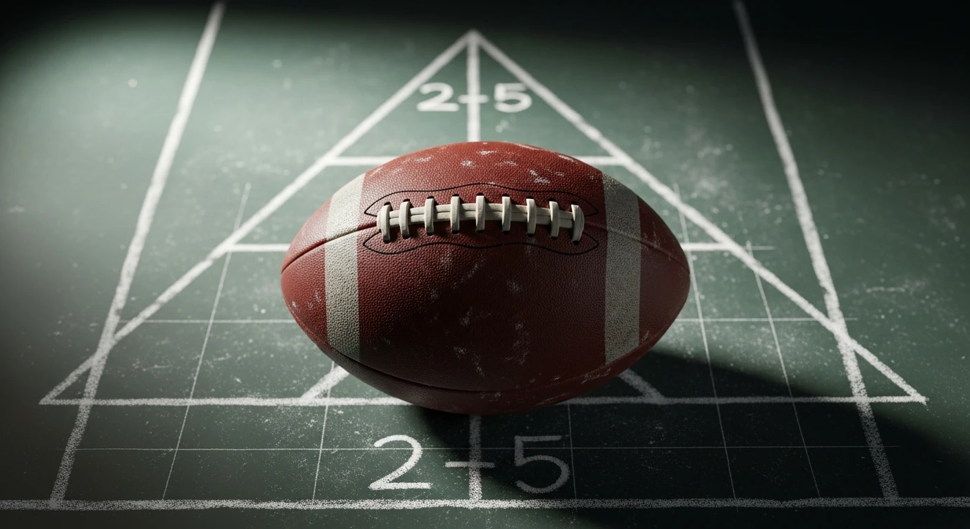 Uma bola de futebol antiga de couro sobre um quadro tático com uma formação clássica desenhada com giz.