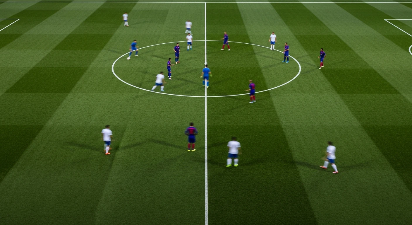 Visão aérea de um campo de futebol moderno iluminado, com jogadores posicionados estrategicamente como peças de xadrez, ilustrando a evolução tática no futebol.