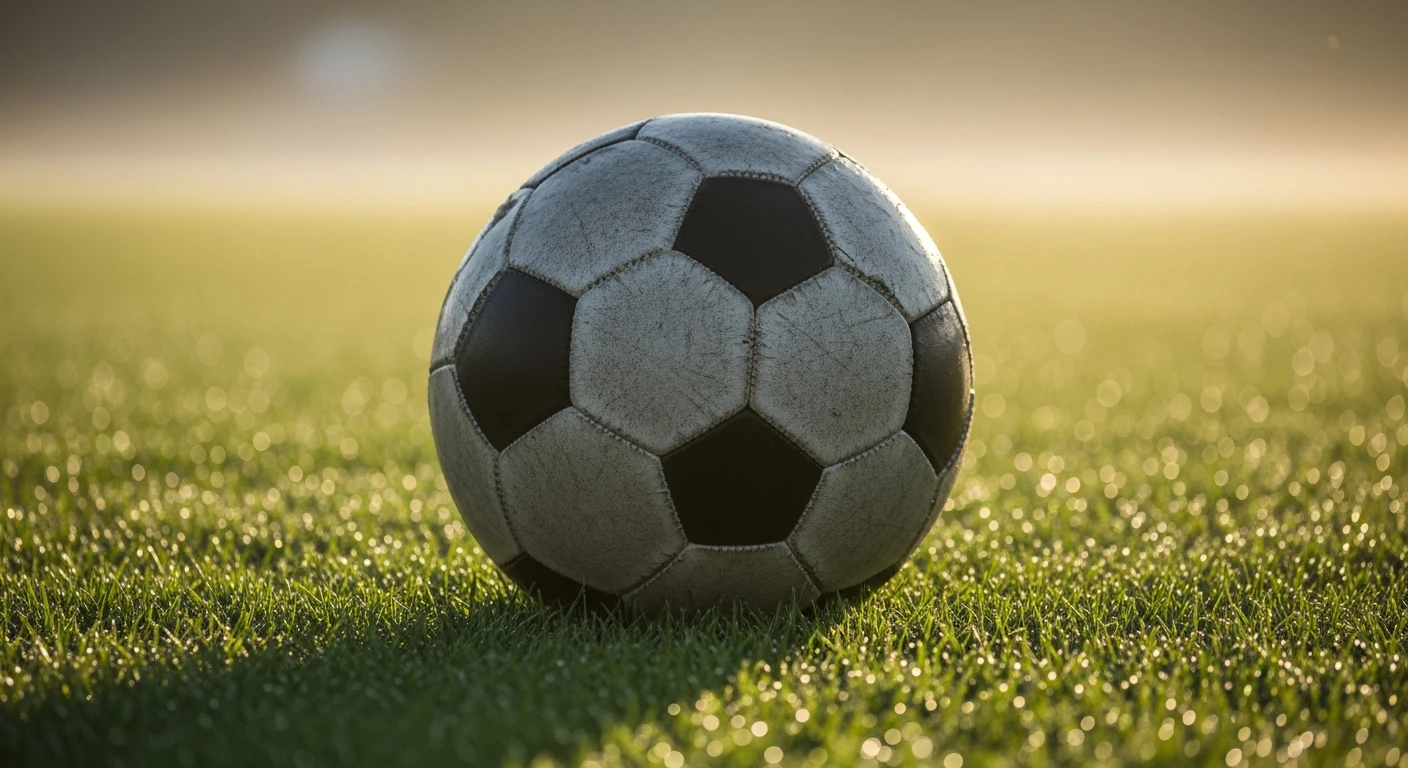 Close-up de uma bola de futebol de couro gasta na grama verde ao amanhecer, simbolizando a base e o foco no futebol.