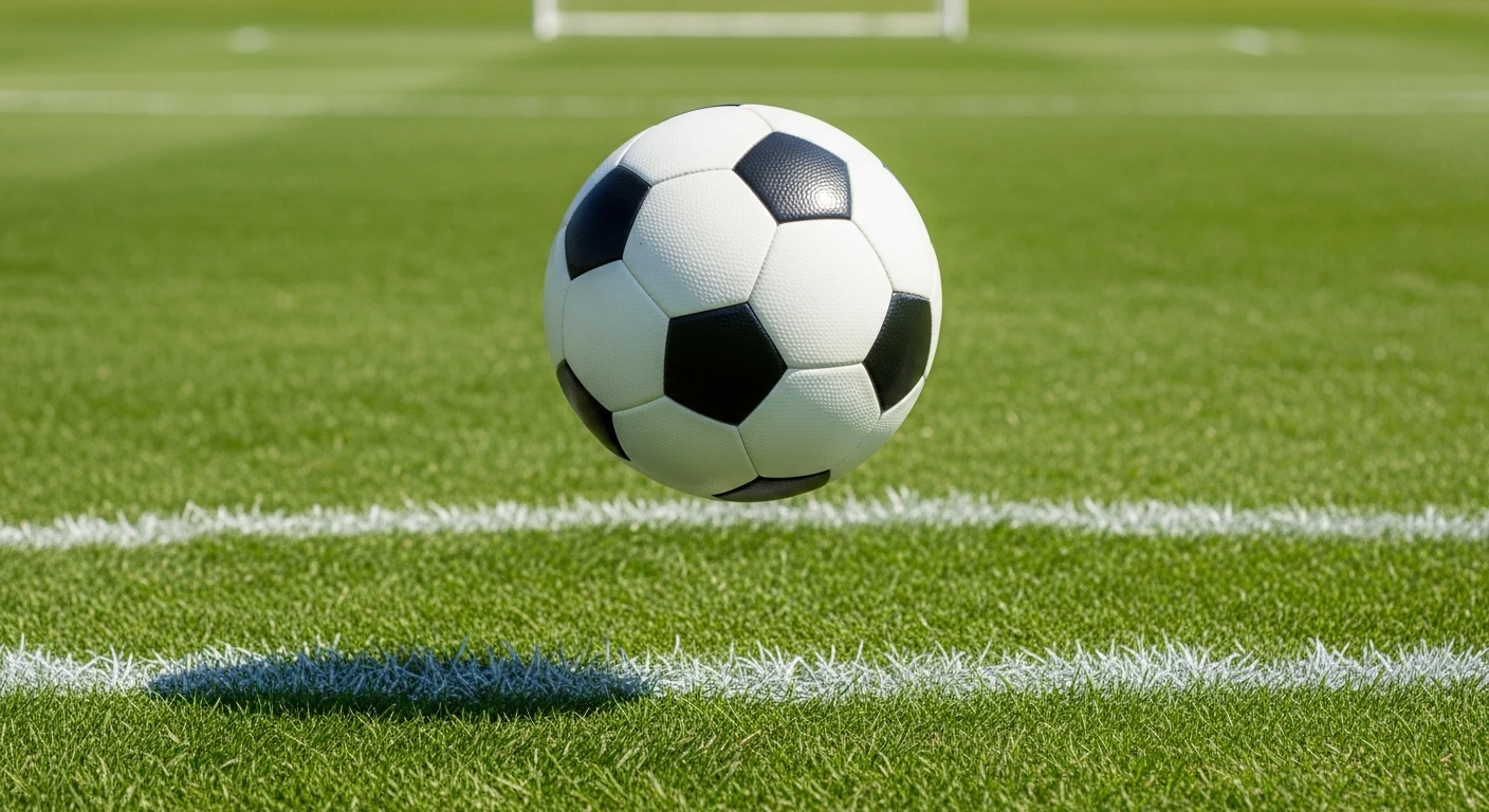 Uma bola de futebol clássica em voo sobre um campo de grama verde com as linhas brancas da área penal visíveis, sob luz solar natural.