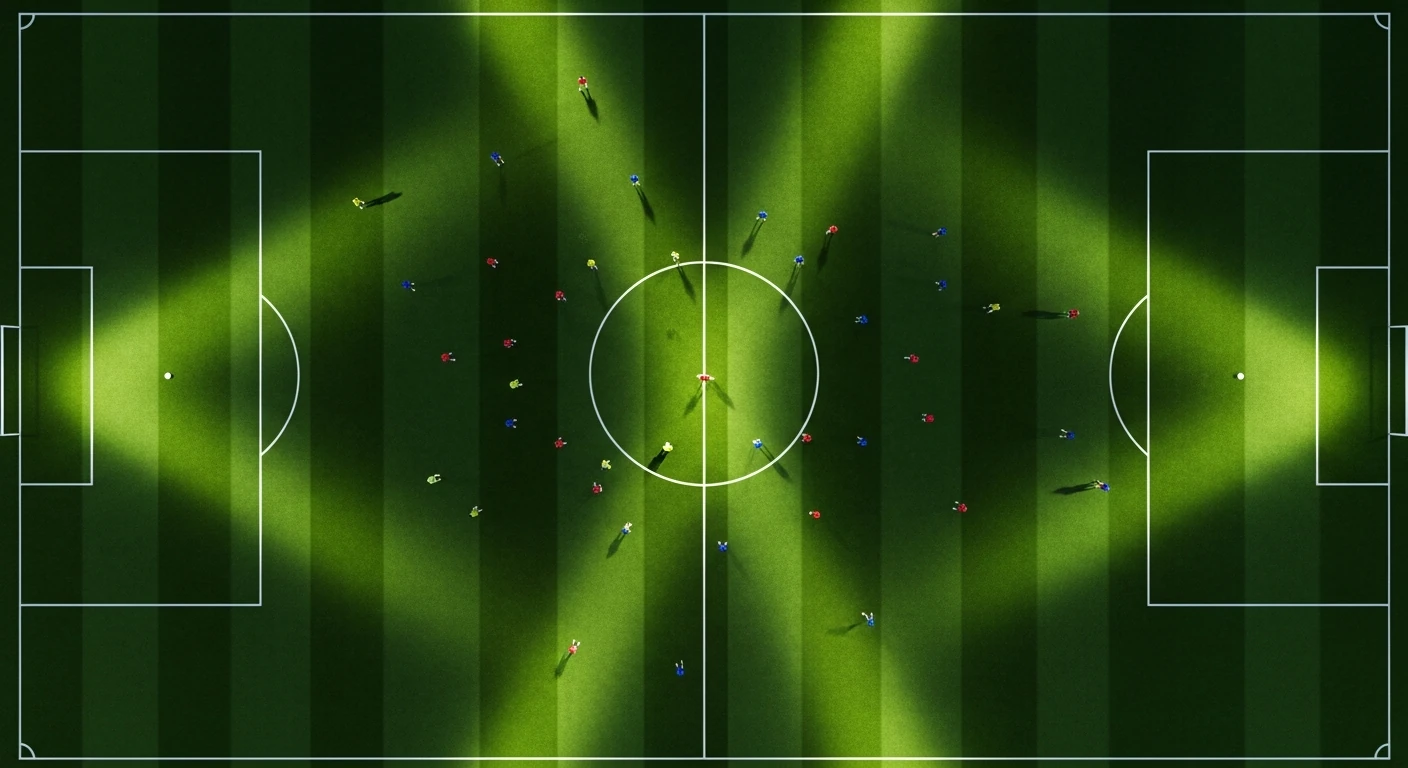Visão aérea de um campo de futebol com marcações de luz estratégicas, mostrando a ciência por trás do futebol tático
